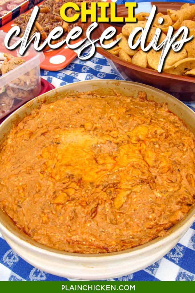 baking dish of chili cheese dip with text overlay