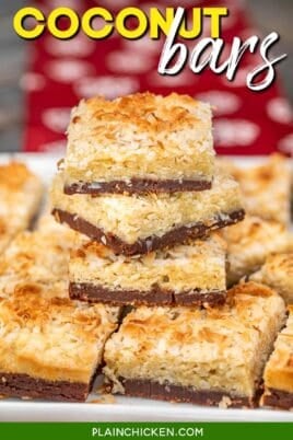 platter of stacked coconut bars with text overlay