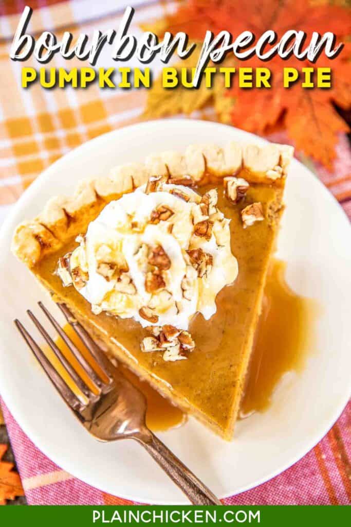 slice of pumpkin pie on a plate with caramel and whipped cream