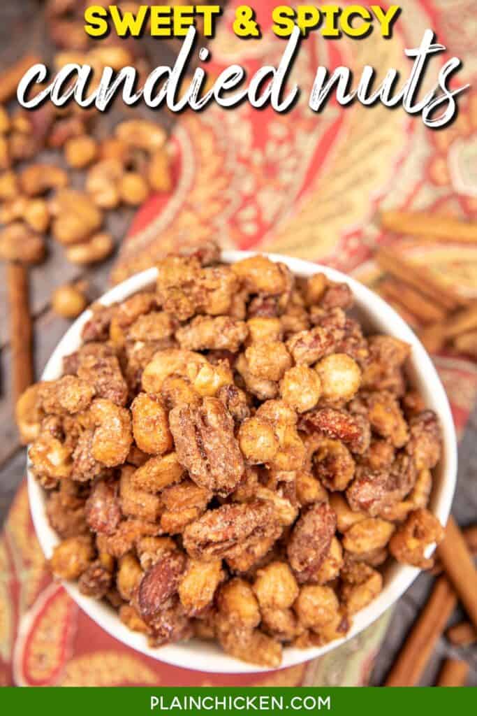 bowl of spiced nuts with text overlay