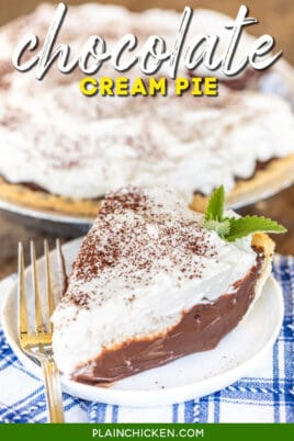 slice of chocolate cream pie with whipped cream on a plate