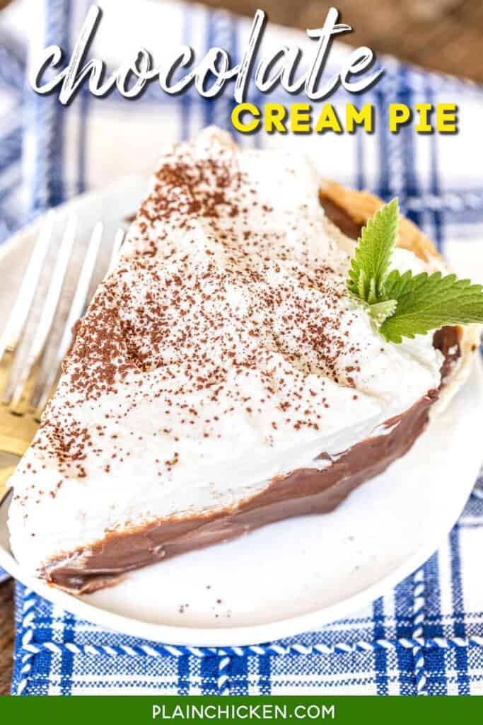 slice of chocolate cream pie with whipped cream on a plate
