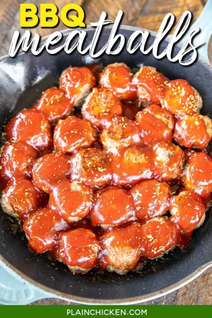 skillet of meatballs with text overlay