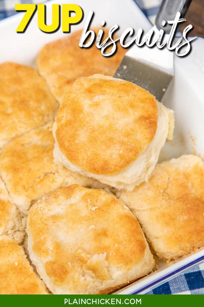 lifting a biscuit on a spatula from a baking dish with text overlay