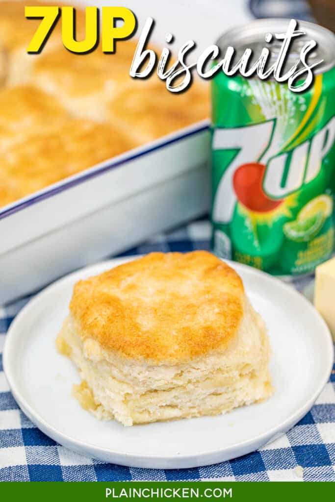 biscuit on a plate in front of a can of 7up soda with text overlay