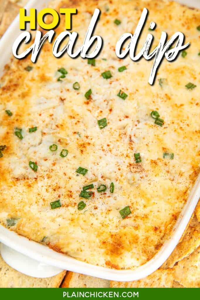 baking dish of crab dip with text overlay