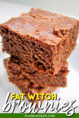 stack of brownies with text overlay