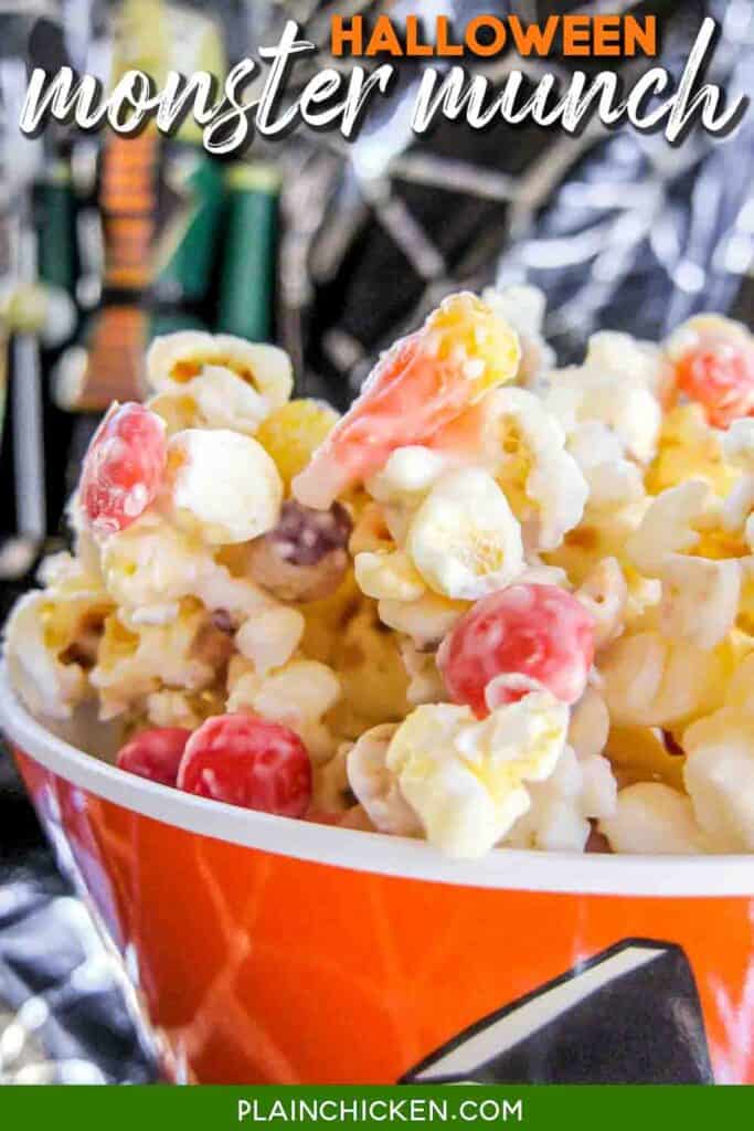 bowl of halloween popcorn snack mix