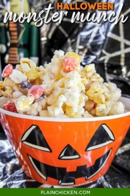 bowl of halloween popcorn snack mix