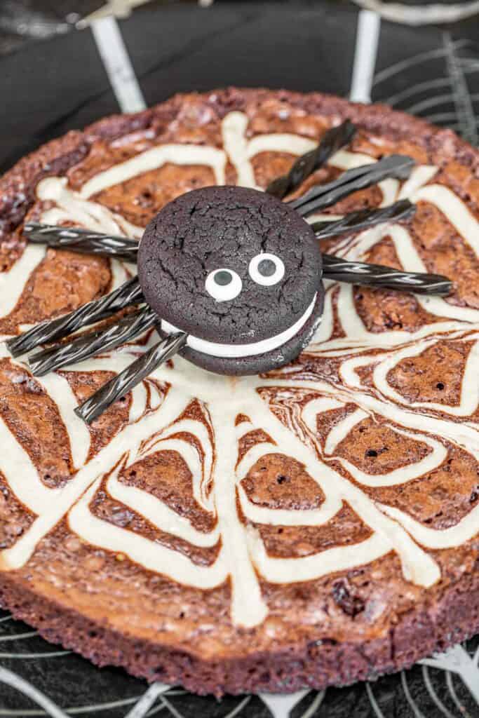 oreo cakester spider on top of spiderweb brownies