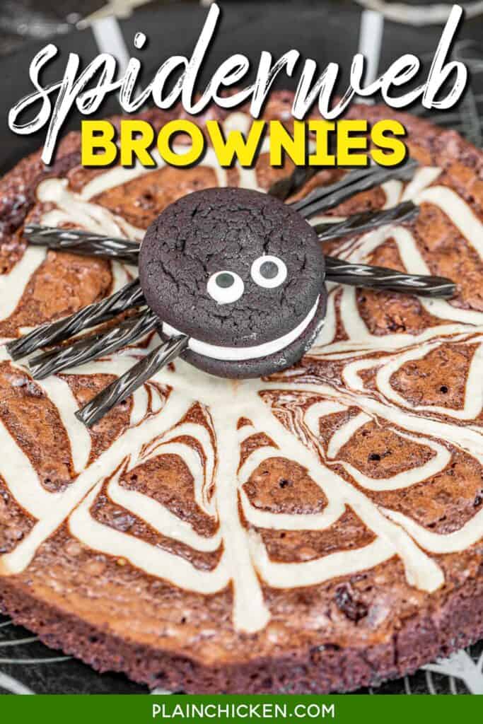 oreo cakester spider on top of spiderweb brownies with text overlay