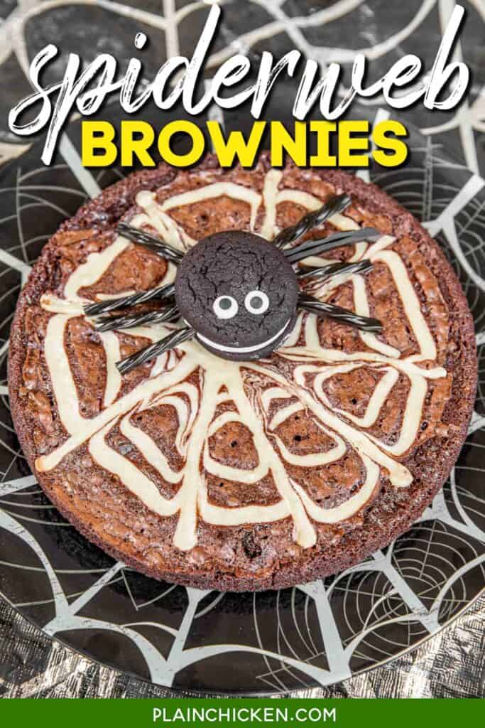 oreo cakester spider on top of spiderweb brownies with text overlay