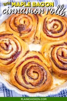 baking dish of cinnamon rolls with text overlay