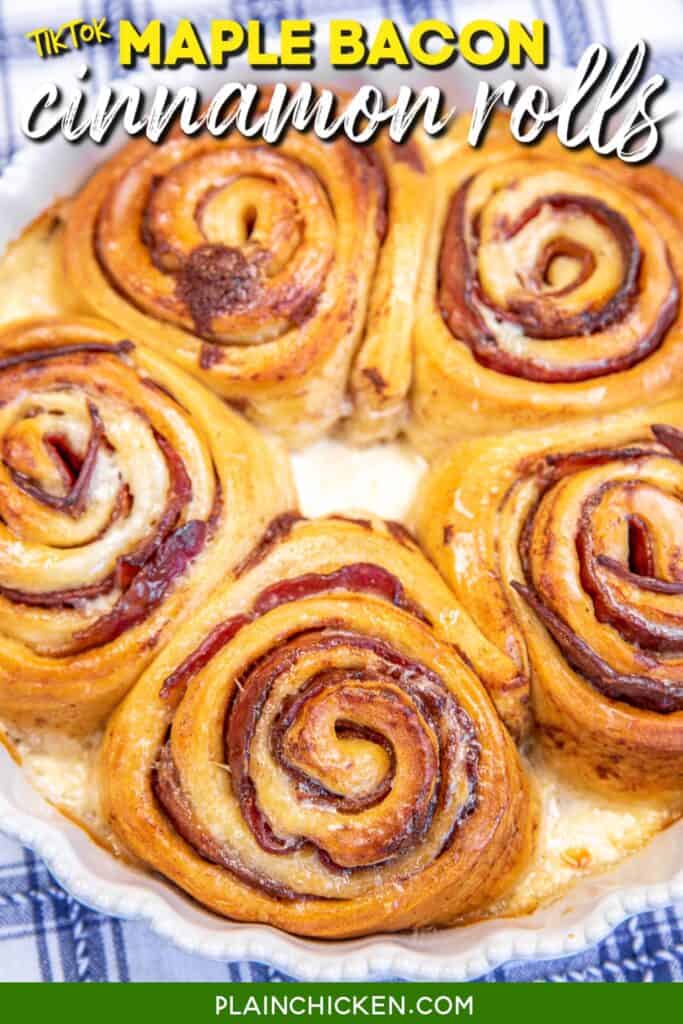 baking dish of cinnamon rolls with text overlay