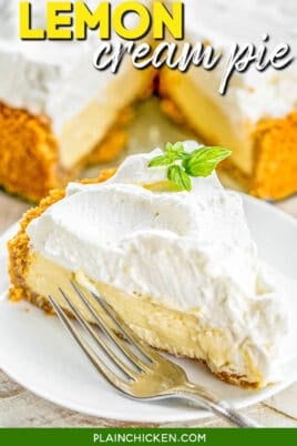 slice of lemon pie topped with whipped cream and mint on a plate with text overlay
