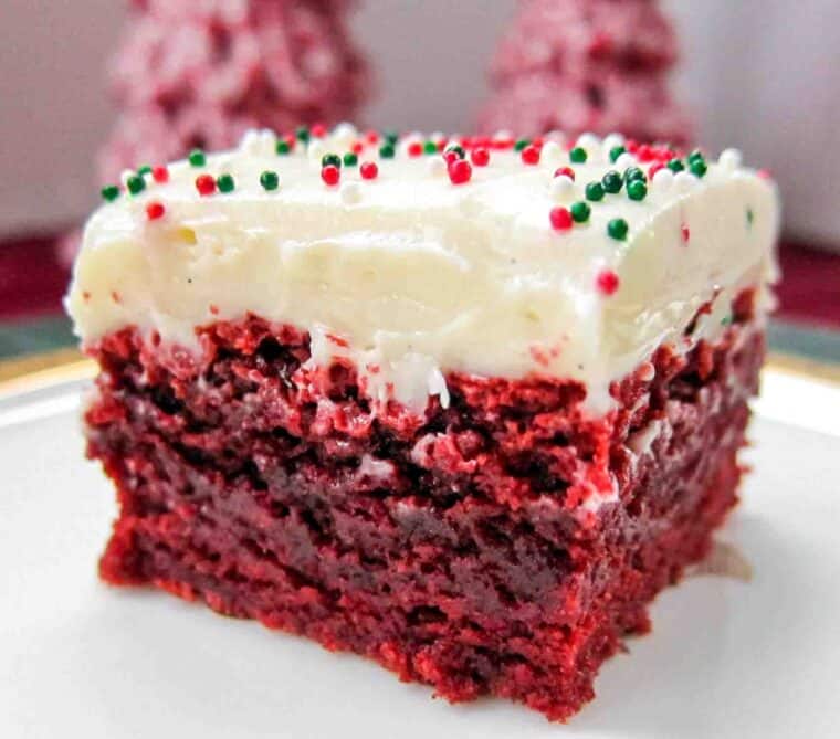 red velvet brownie with cream cheese frosting on a plate