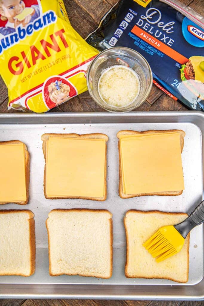 assembling toasted cheese sandwiches
