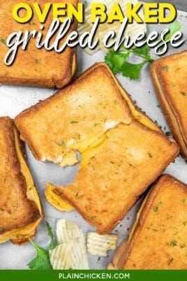 crispy grilled cheese sandwiches on a baking sheet with text overlay