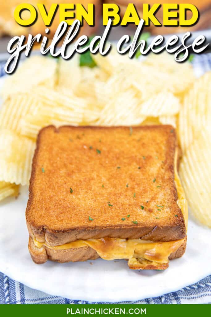 plate of toasted cheese sandwich and chips with text overlay