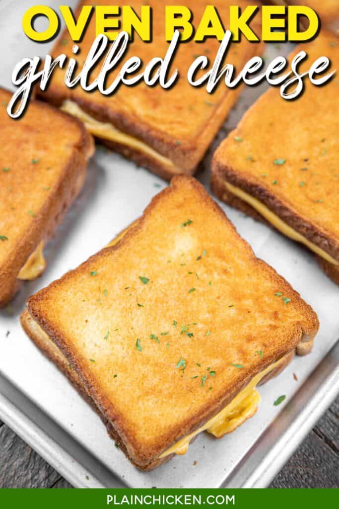 crispy grilled cheese sandwiches on a baking sheet with text overlay