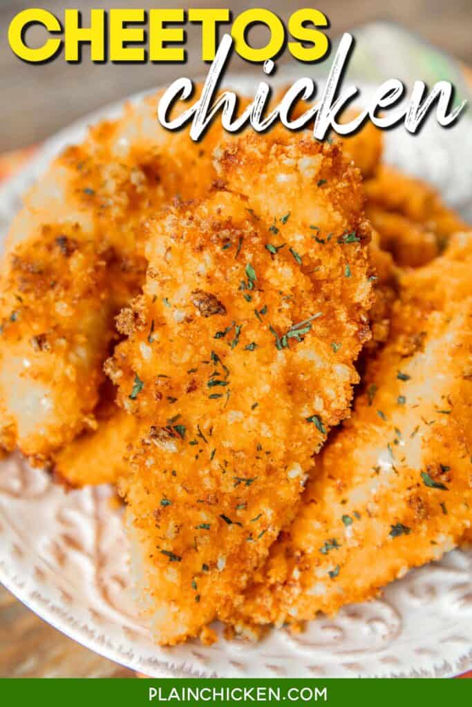 plate of cheetos chicken with text overlay