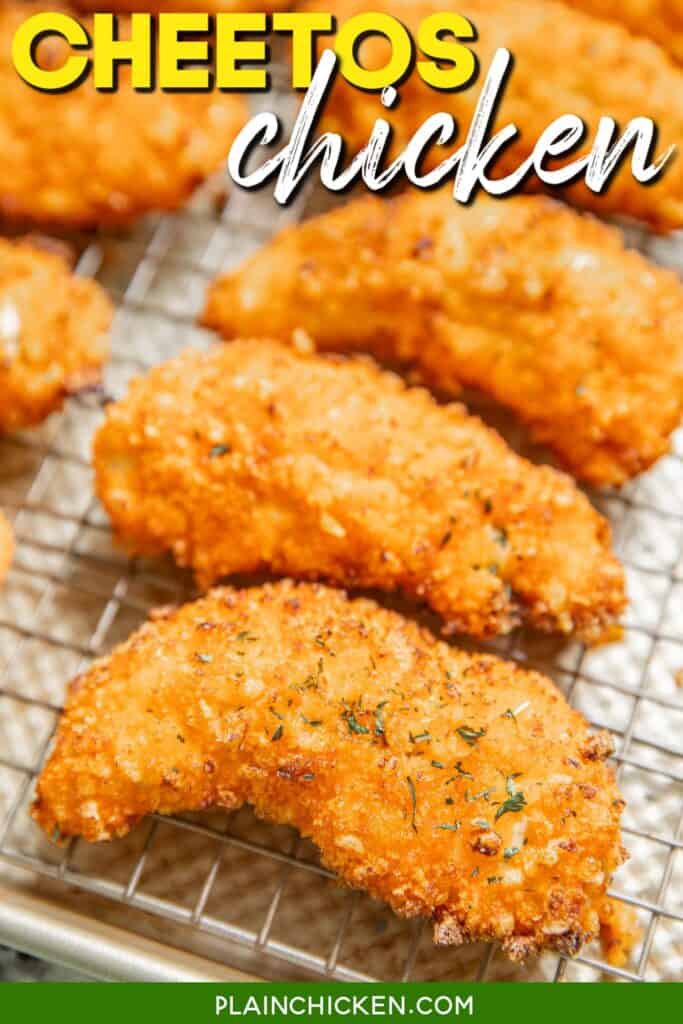 chicken fingers resting on a cooling rack with text overlay