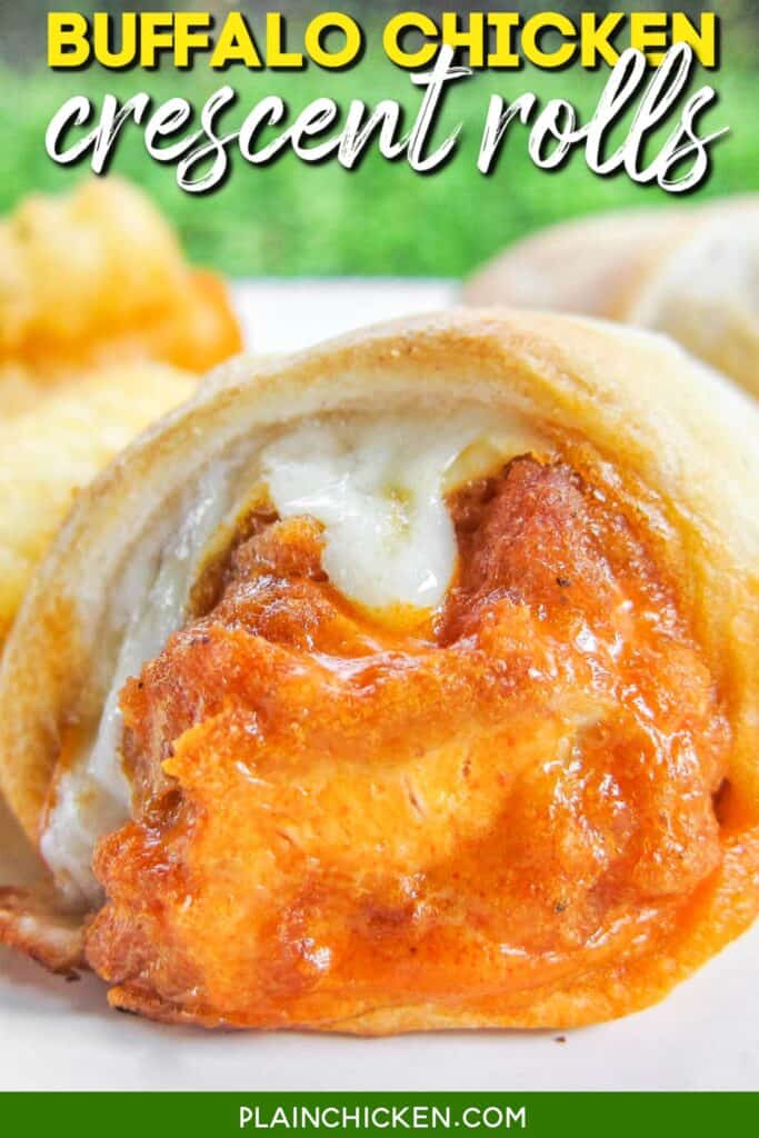buffalo chicken crescent rolls on a plate with text overlay