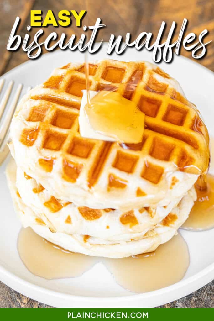 plate of waffles topped with syrup and butter with text overlay