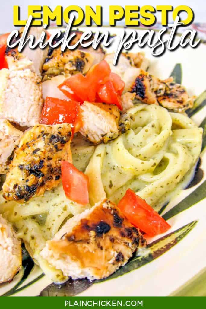 bowl of lemon pest pasta with chicken and tomatoes with text overlay