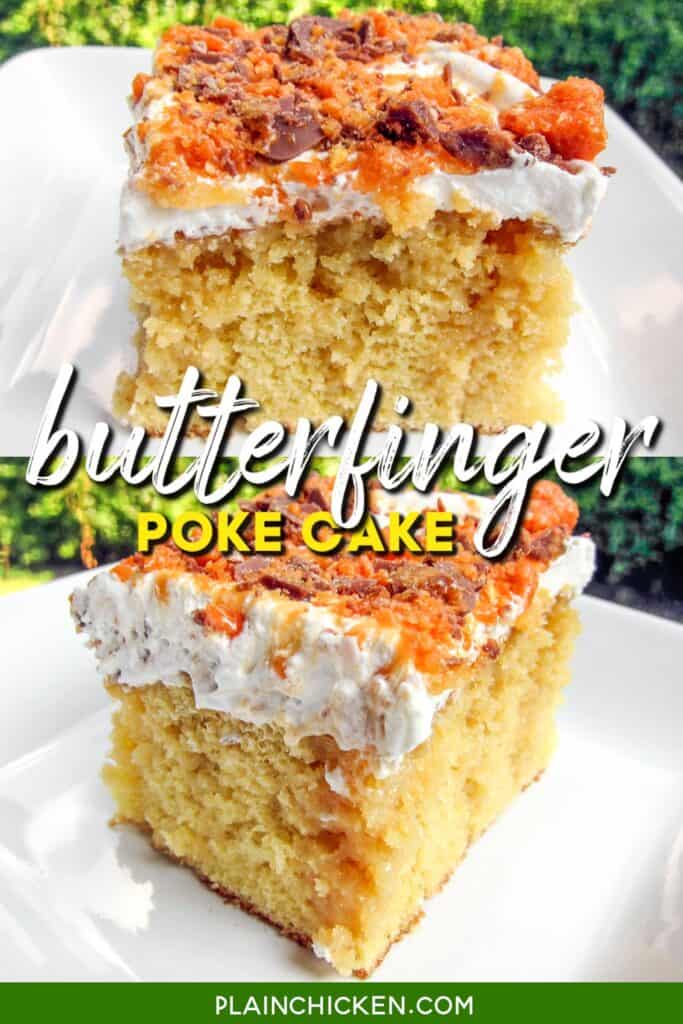 2 photos of a slice of butterfinger poke cake on a plate