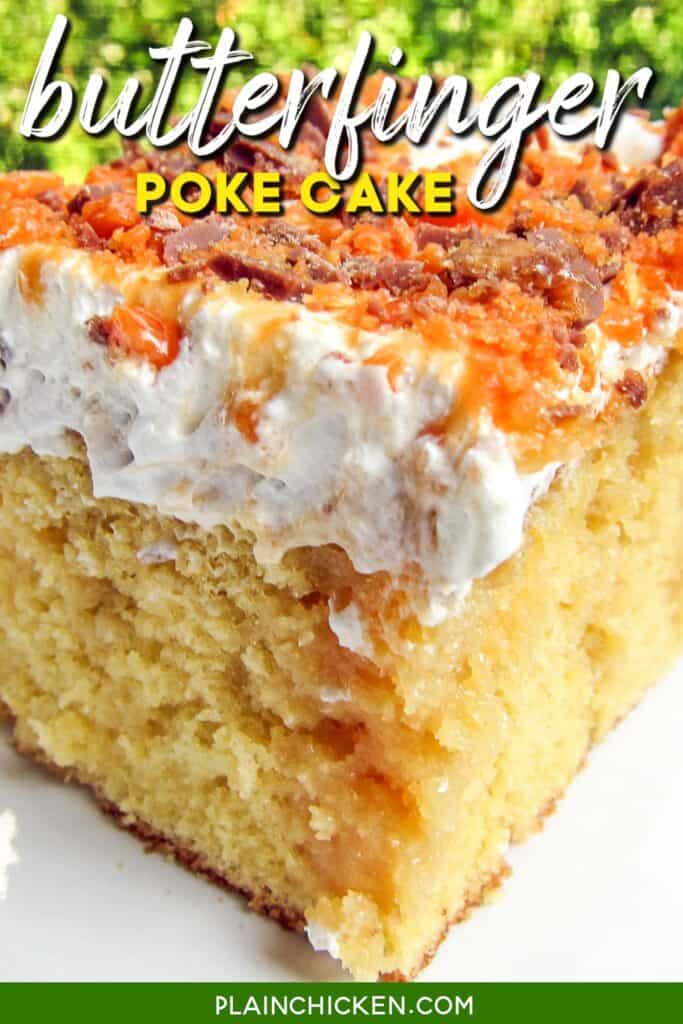 slice of butterfinger poke cake on a plate