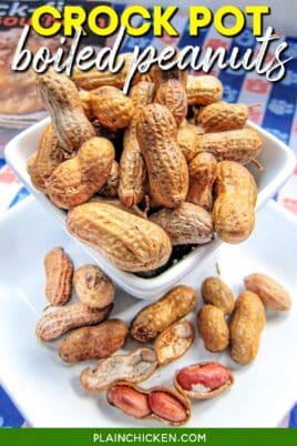 bowl of boiled peanuts on a table with text overay
