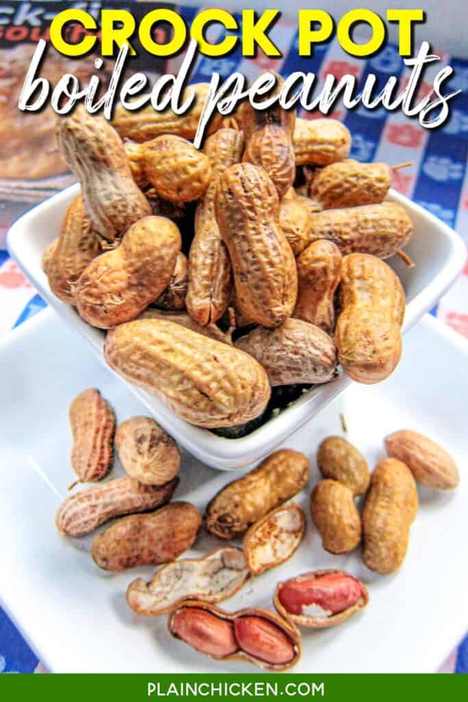 bowl of boiled peanuts on a table with text overay