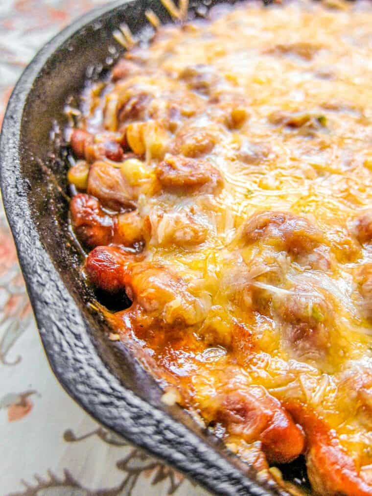 tamale pie in a cast iron skillet