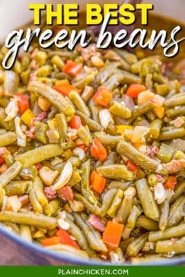 pot of green beans with peppers onions and bacon with text overlay