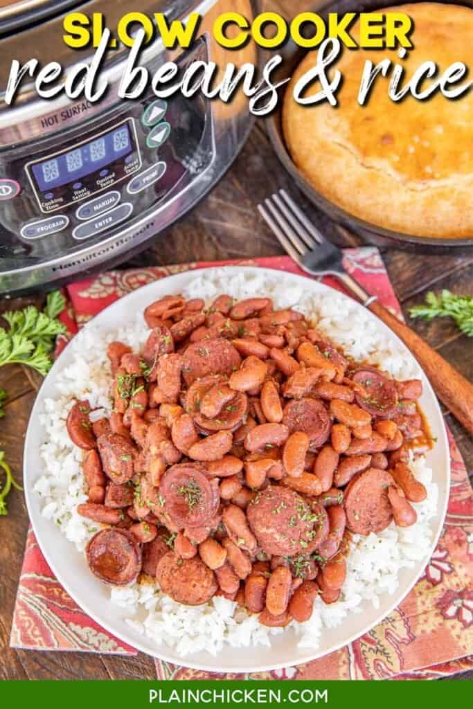plate of red beans and rice with cornbread in the back with text overlay