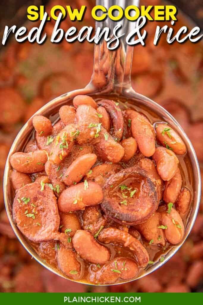 ladle of red beans and smoked sausage with text overlay