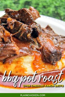 plate of bbq pot roast over grits