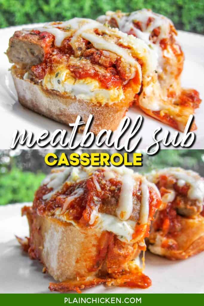 2 photos of slice of meatball sub casserole on a plate