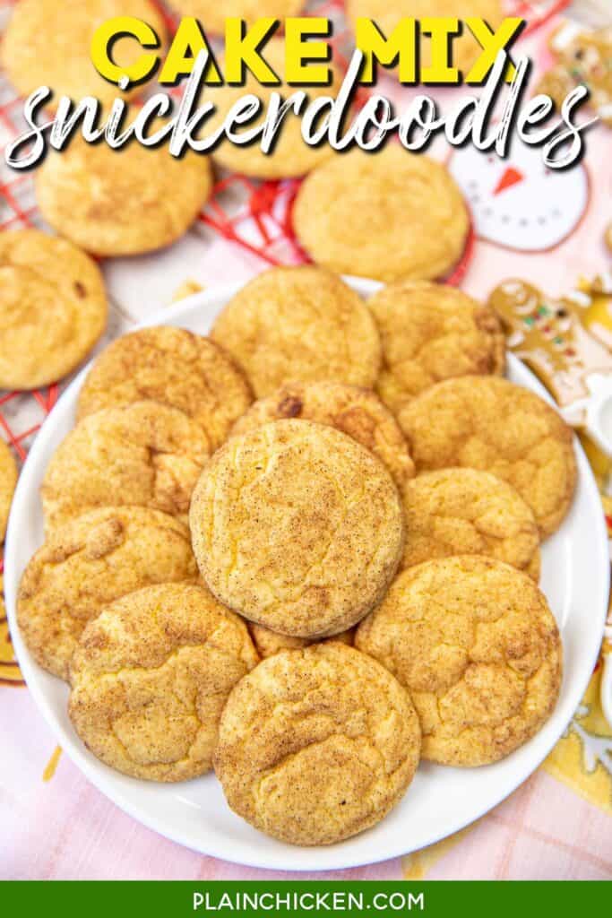 plate of snickerdoodle cookies with text overlay