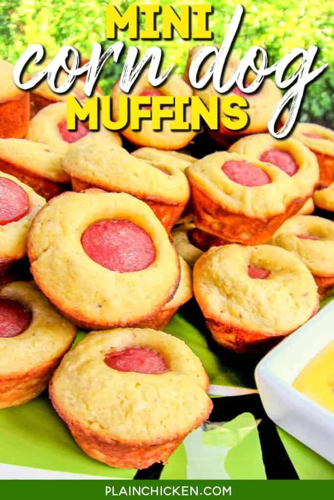 plate of corn dog muffins with text overlay