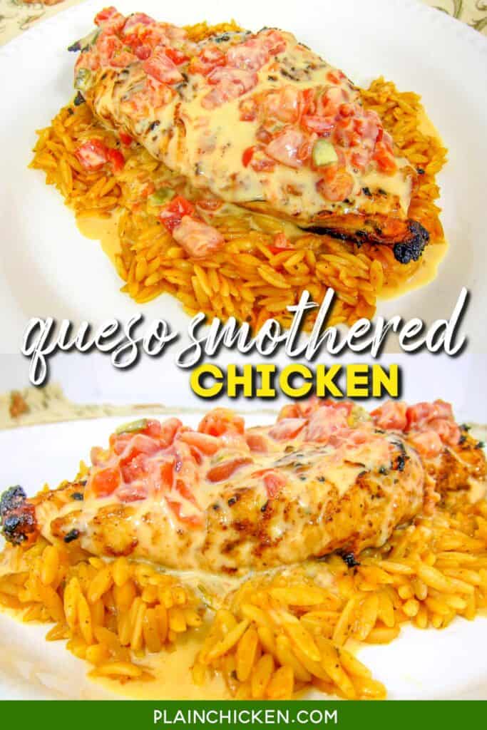 2 photos of plate of grilled chicken over orzo smotherd in queso dip