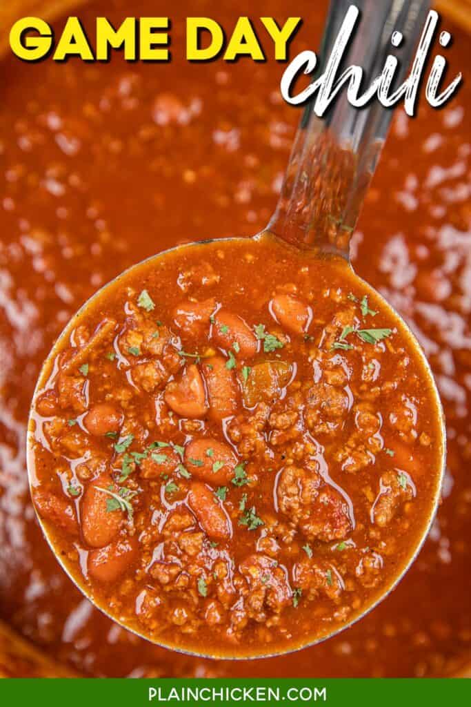 ladle of chili with text overlay