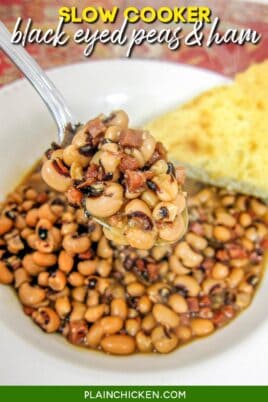 bowl of black eyed peas and ham with cornbread