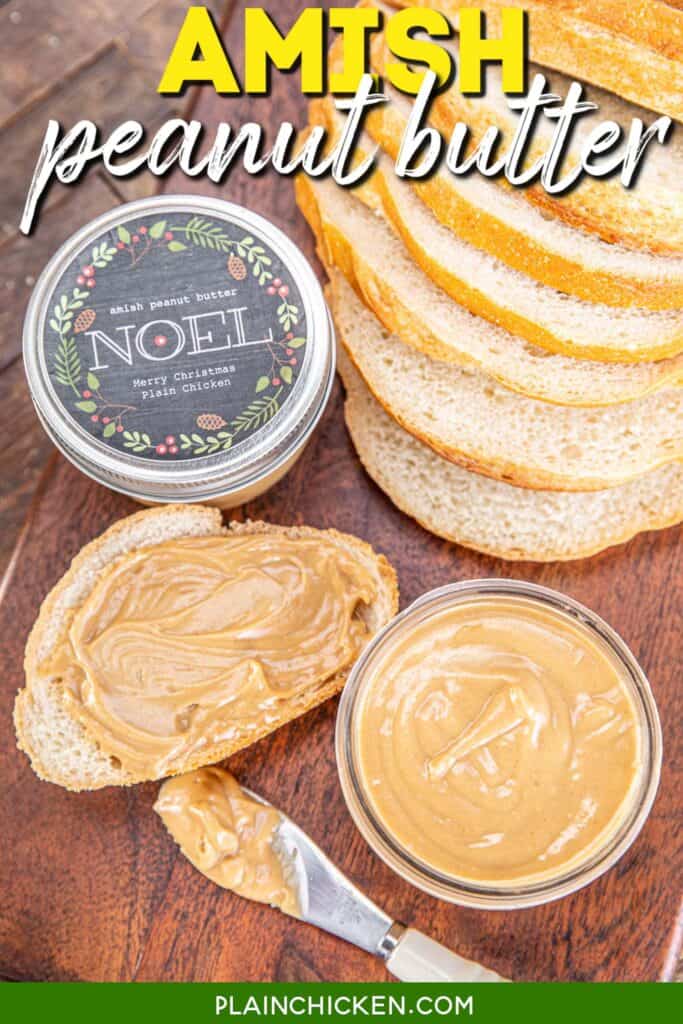 jar of peanut butter with bread and a knife with text overlay