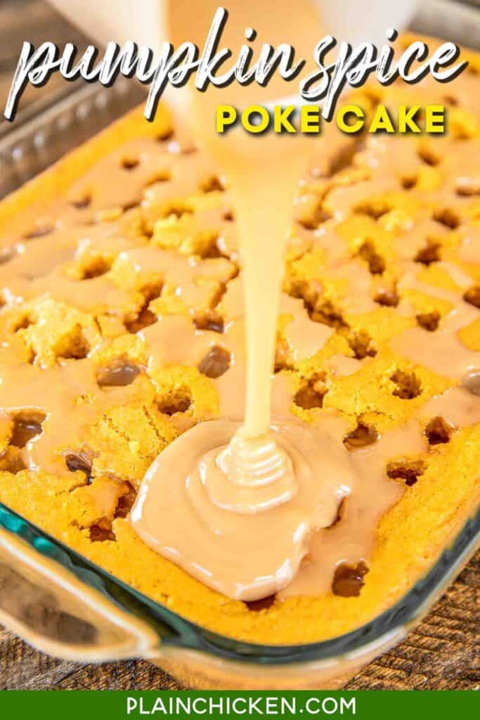 pouring caramel over cake poked with holes