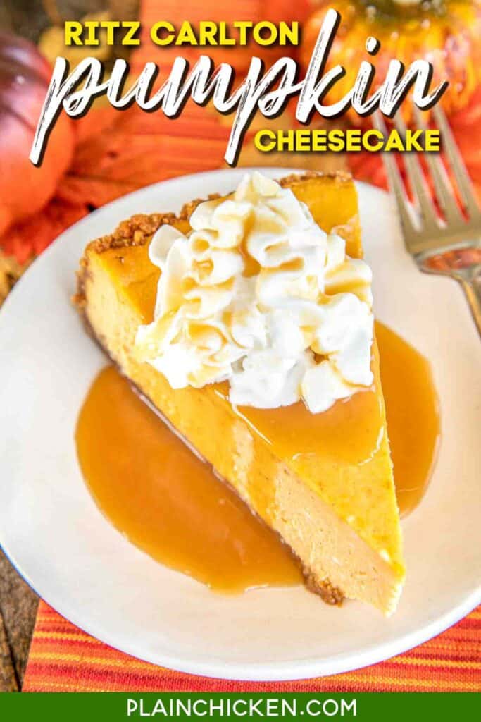 slice of pumpkin cheesecake on a plate with caramel sauce