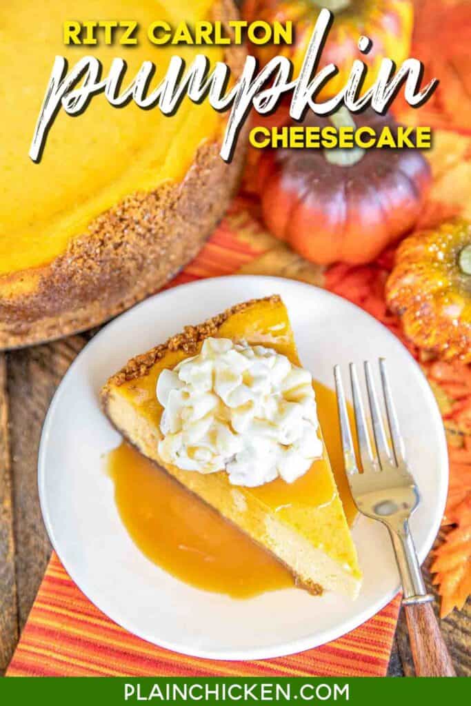 slice of pumpkin cheesecake on a plate with caramel sauce