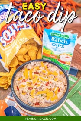 bowl of taco dip with fritos in the background with text overlay