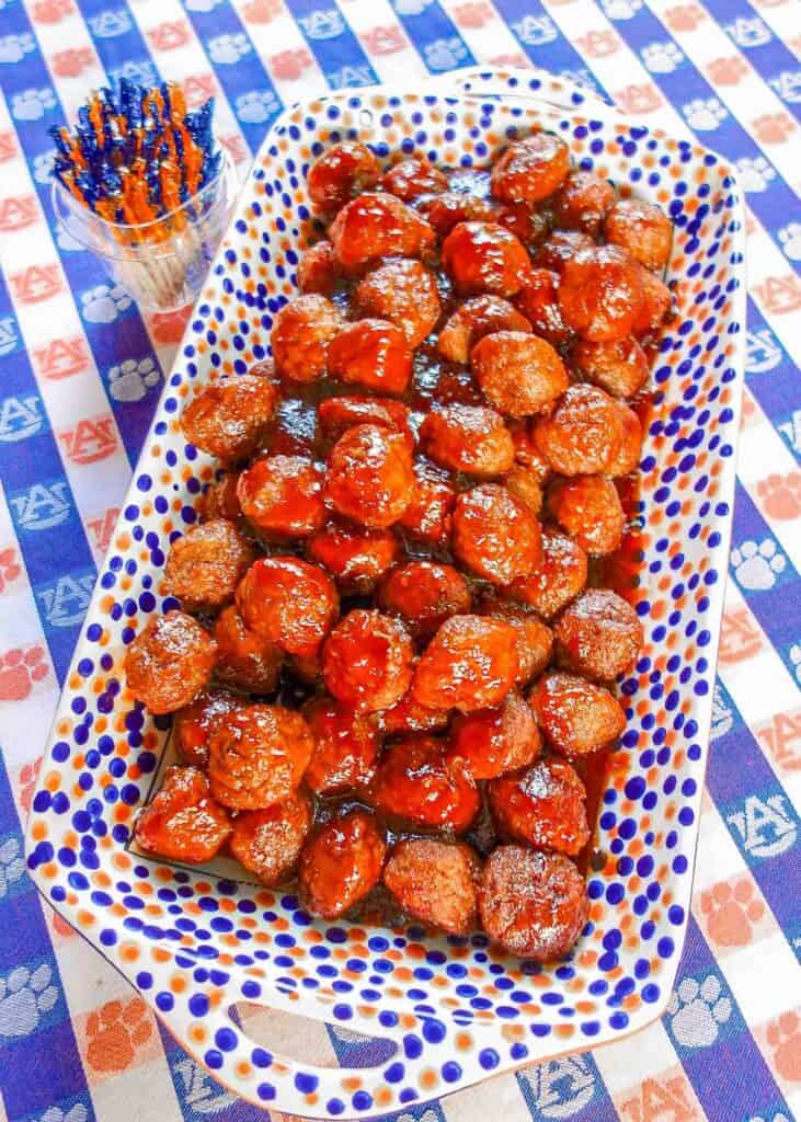 platter of grape jelly meatballs